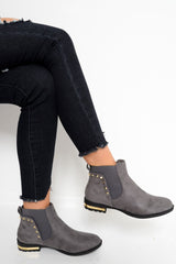Grey Studded Faux Suede Ankle Boots - Pearson-Boots