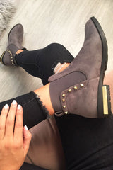 Grey Studded Faux Suede Ankle Boots - Pearson-Boots