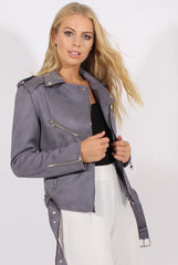 Grey Suede Belted Biker Jacket - Marcy-Jackets