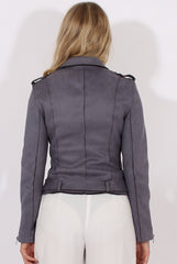 Grey Suede Belted Biker Jacket - Marcy-Jackets