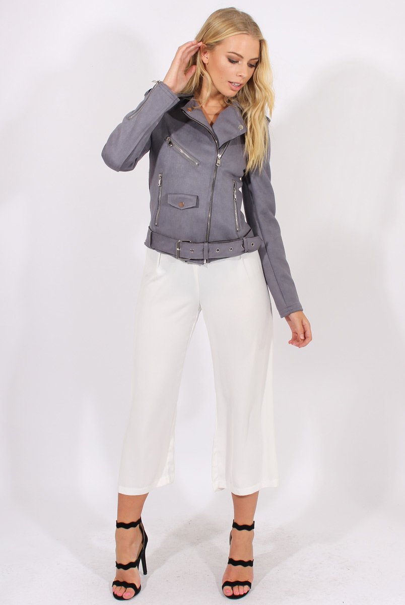 Grey Suede Belted Biker Jacket - Marcy-Jackets