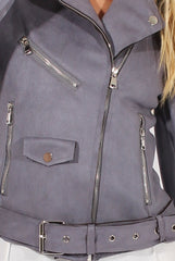 Grey Suede Belted Biker Jacket - Marcy-Jackets