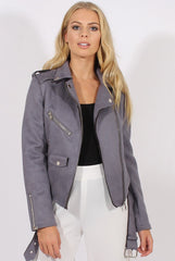 Grey Suede Belted Biker Jacket - Marcy-Jackets