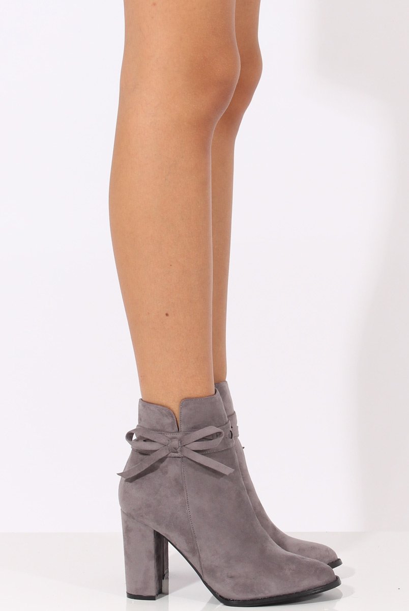 Grey Suede Bow Detail Heeled Ankle Boots - Emrata-Boots
