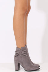 Grey Suede Bow Detail Heeled Ankle Boots - Emrata-Boots