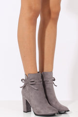 Grey Suede Bow Detail Heeled Ankle Boots - Emrata-Boots