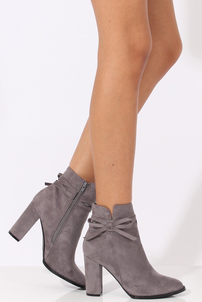 Grey Suede Bow Detail Heeled Ankle Boots - Emrata-Boots