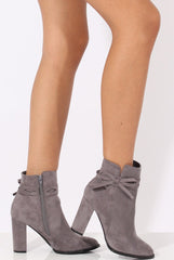 Grey Suede Bow Detail Heeled Ankle Boots - Emrata-Boots