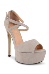 Grey Suede Cross Over Strap Platform Heels - Martha-Heels