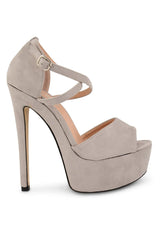 Grey Suede Cross Over Strap Platform Heels - Martha-Heels