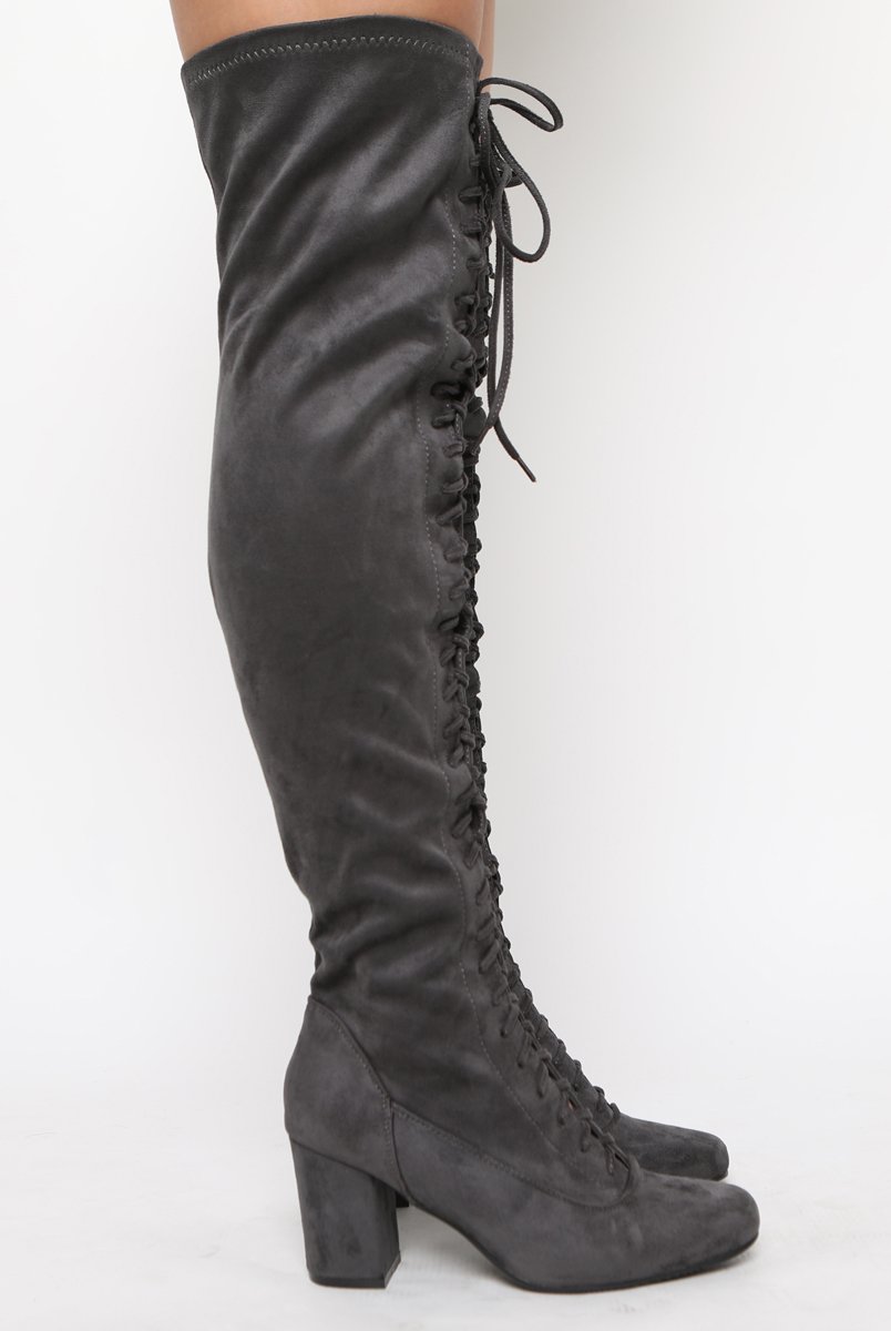 Grey Suede Front Lace Up Thigh High Boots - Nikita-Boots