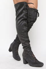 Grey Suede Front Lace Up Thigh High Boots - Nikita-Boots