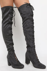 Grey Suede Front Lace Up Thigh High Boots - Nikita-Boots