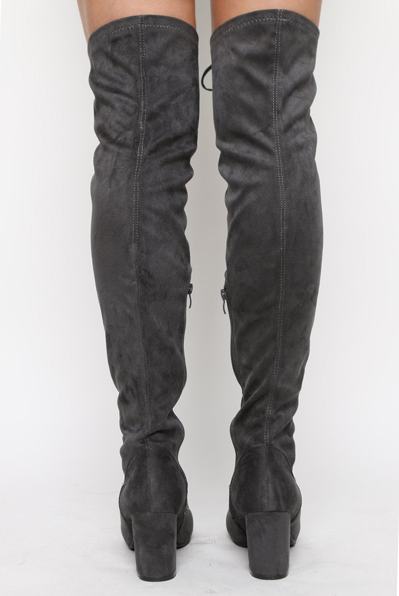 Grey Suede Front Lace Up Thigh High Boots - Nikita-Boots