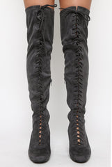 Grey Suede Front Lace Up Thigh High Boots - Nikita-Boots