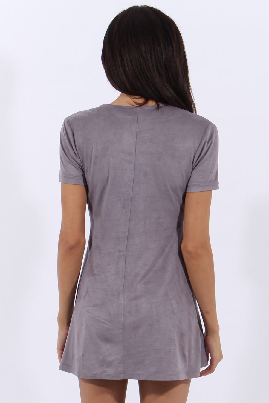 Grey Suede Lace Up Eyelet Skater Dress - Desire-Dresses