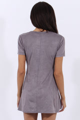 Grey Suede Lace Up Eyelet Skater Dress - Desire-Dresses