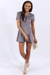 Grey Suede Lace Up Eyelet Skater Dress - Desire-Dresses