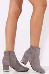 Grey Suede Metal Heel Detail Ankle Boots - Claudia-Boots
