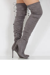 Grey Suede Over the Knee Drawstring Stiletto Boots - Avery-Boots