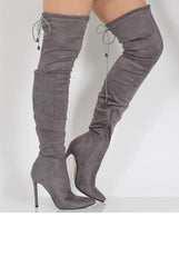 Grey Suede Over the Knee Drawstring Stiletto Boots - Avery-Boots