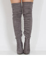Grey Suede Over the Knee Drawstring Stiletto Boots - Avery-Boots