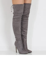 Grey Suede Over the Knee Drawstring Stiletto Boots - Avery-Boots