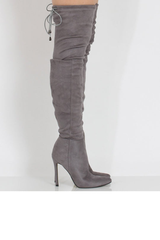Grey Suede Over the Knee Drawstring Stiletto Boots - Avery