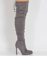 Grey Suede Over the Knee Drawstring Stiletto Boots - Avery-Boots