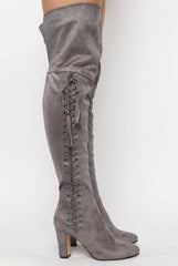Grey Suede Over the Knee Lace Up Detail Boots - Alora-Boots