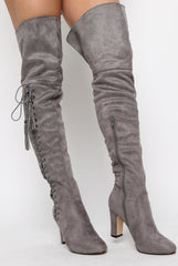 Grey Suede Over the Knee Lace Up Detail Boots - Alora-Boots