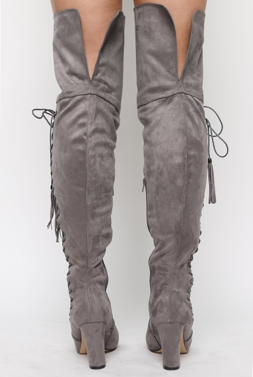 Grey Suede Over the Knee Lace Up Detail Boots - Alora-Boots