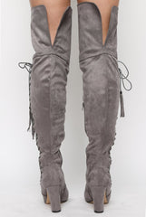 Grey Suede Over the Knee Lace Up Detail Boots - Alora-Boots