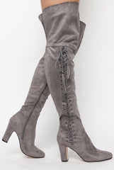 Grey Suede Over the Knee Lace Up Detail Boots - Alora-Boots