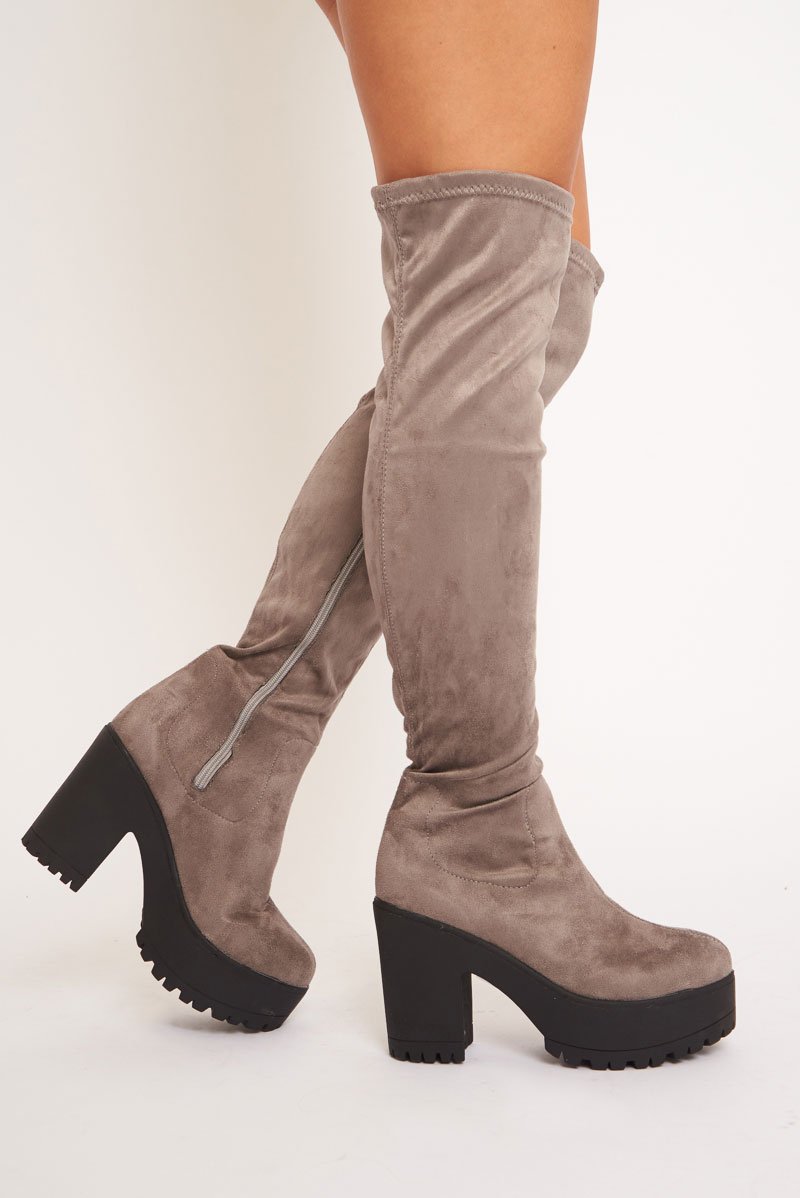 Grey Suede Platform Knee High Boots - Sandy-Boots