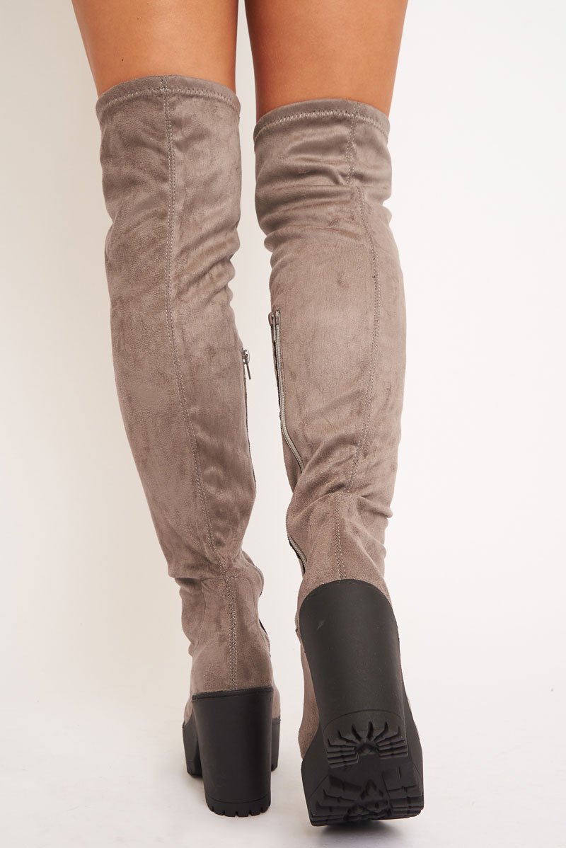 Grey Suede Platform Knee High Boots - Sandy-Boots