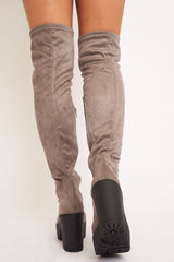 Grey Suede Platform Knee High Boots - Sandy-Boots