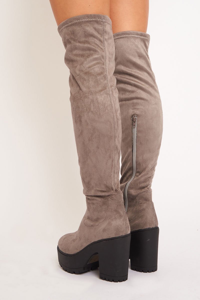 Grey Suede Platform Knee High Boots - Sandy-Boots