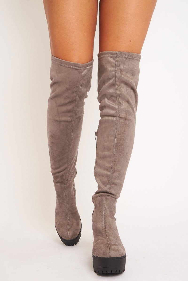 Grey Suede Platform Knee High Boots Sandy - Main Image