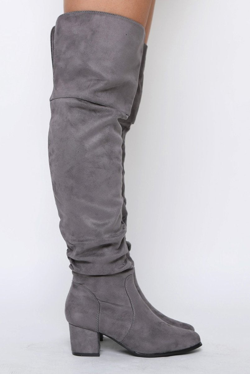 Grey Suede Split Back Heeled Knee High Boots - Reyna-Boots
