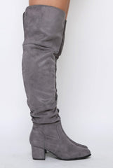Grey Suede Split Back Heeled Knee High Boots - Reyna-Boots