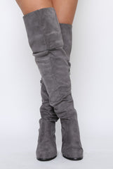 Grey Suede Split Back Heeled Knee High Boots - Reyna-Boots