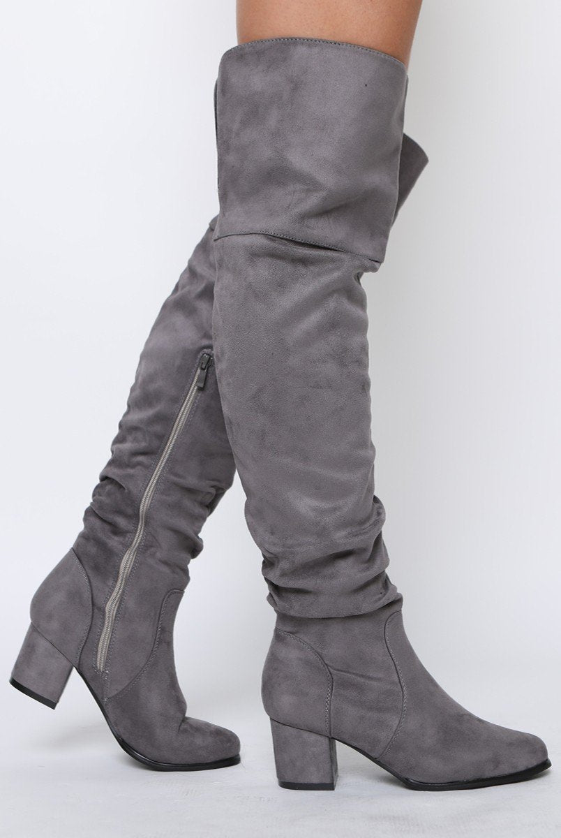 Grey Suede Split Back Heeled Knee High Boots - Reyna-Boots