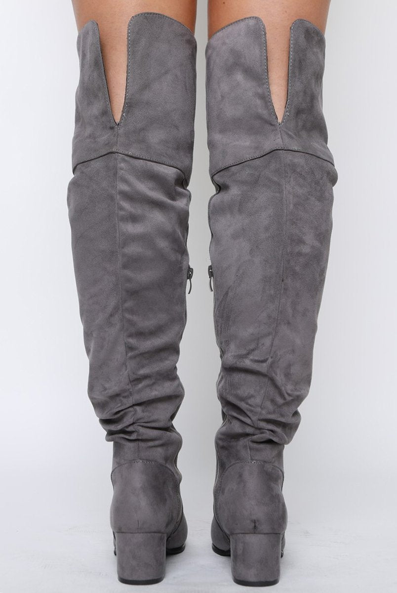Grey Suede Split Back Heeled Knee High Boots - Reyna-Boots