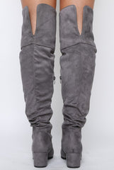 Grey Suede Split Back Heeled Knee High Boots - Reyna-Boots