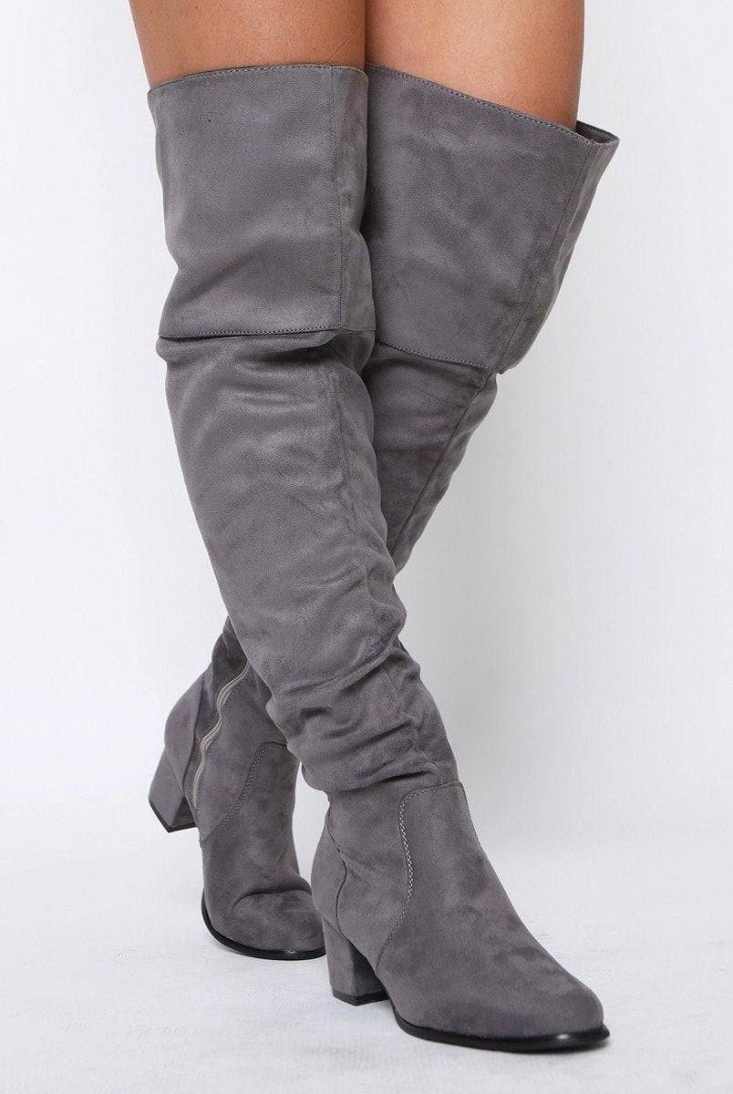 Grey Suede Split Back Heeled Knee High Boots - Reyna-Boots