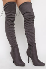 Grey Suede Stiletto Heel Over The Knee Boots - January-Boots