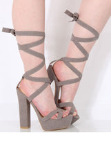 Grey Suede Tie Up Platform Heels - Janna-Heels