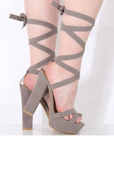 Grey Suede Tie Up Platform Heels - Janna-Heels