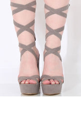Grey Suede Tie Up Platform Heels - Janna-Heels